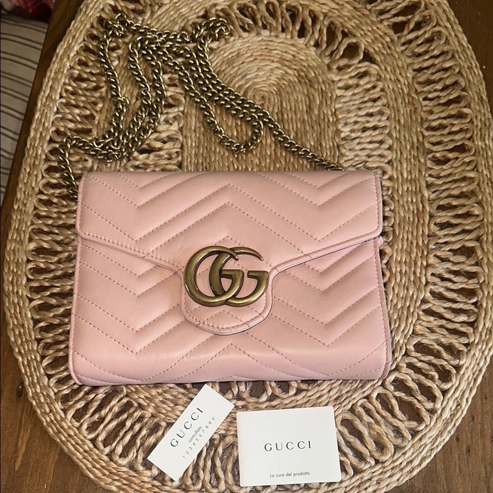 Gucci Matelasse GG Marmont Chain Wallet Pink Gold Chain